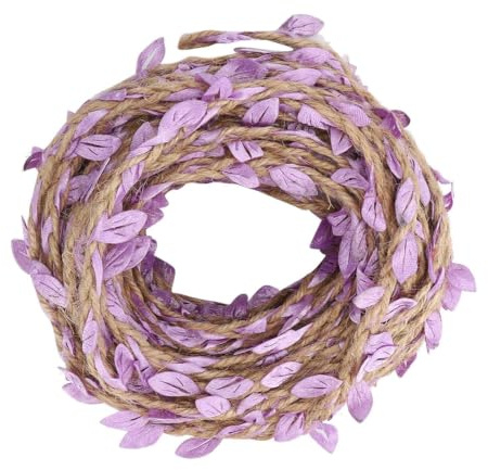 HERCHR Corda di Juta 10m con Foglie Viola, Filo di iuta naturale con foglie artificiali per Ghirlande, Confezioni Regalo, Matrimoni, Creazioni Artigianali Fai Da Te