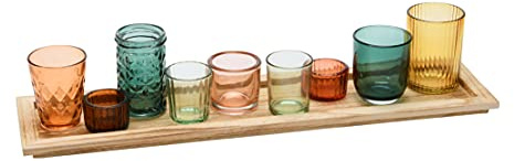 Creative Co-Op Round Glass Votive Holders on Wood Tray, Yellows & Greens, Set of 9