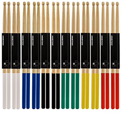 Suwimut 12 Pairs Drum Sticks with Non-Slip Rubber Handle, Classic 5A Maple Wood Tip Drumsticks for Kids, Adults and Beginners, Professional Musical Instrument Percussion Accessories, 6 Colors