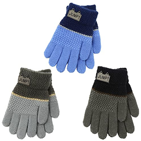 3 Paare Handschuhe Kinder Winter, Fingerhandschuhe Kinder, Handschuhe Winter Mädchen/Jungen, Magische Stretch Kinderhandschuhe für 4-7 Jahre Stricken Woll Fäustlinge Ski Lauf Fahrrad ​Warm (A)