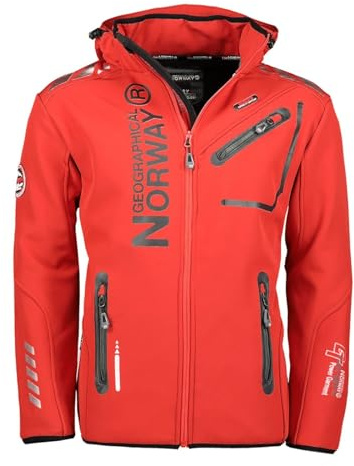 Geographical Norway ROYAUTE Men Softshell-jacka för herrar, vattentät jacka med huva för utomhusbruk, vindjacka, taktisk jacka, Brandiing-produktion, Röd / svart, XL