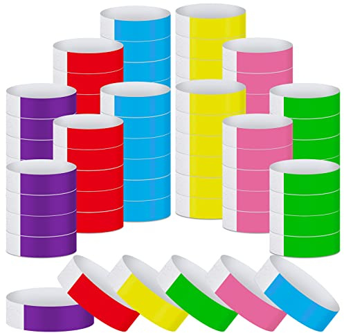 Tudomro 1200 Pack Plastic Paper Wristbands for Events Neon Party Wrist Bands Colored Waterproof Concert Identification Hand Bands Lightweight Adhesive Wristband(Yellow, Green, Blue, Red, Purple, Pink)