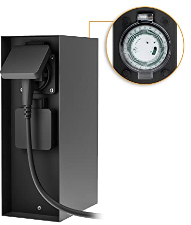 SSC-LUXon ZAVO Steckdosensäule mit Zeitschaltuhr schwarz 2 Steckdosen - Gartensteckdose wetterfest IP44 Außensteckdose Stromsäule