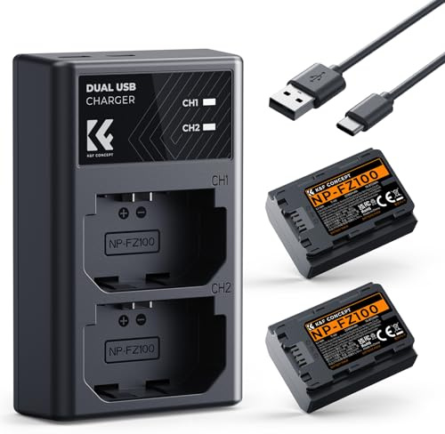 K&F CONCEPT NP-FZ100 Kamera Akku,2er Pack 2280mAh Kameraakku USB Dual Ladegerät für Sony Alpha 9, A9, Alpha 9R, A9R, Alpha 9S, A9S, A7RIII A7R3, A7 III, A7R4, A7RIV ZV-E10ii Digitalkameras