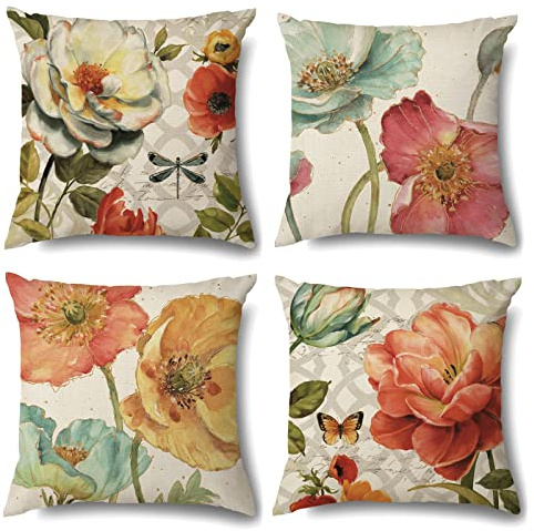 OCEUMACO Leinen Kissenbezug 45x45 Vintage Blumen Kissenhülle 4er Set Quadratisch Sofakissen Dekokissen Bezug für Couch Landhausstil Kissen Kissenbezüge Outdoor Deko Couchkissen Zierkissen - Rot