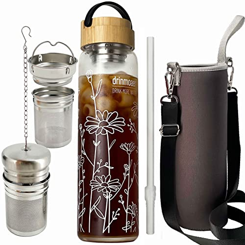 drinmoaer® Bottiglia d'acqua in vetro borosilicato da 1000 ml, con coperchio in bambù e custodia in neoprene per foglie sfuse, acqua infusa alla frutta, caffè freddo e tè in vetro con filtro (fiore)