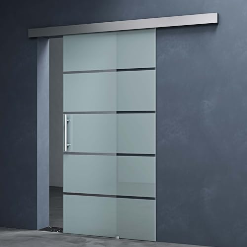 Mai & Mai Glasschiebetür komplettset softclose 90x215cm Milchglas Streifen | Zimmertür, Griffart: Stangengriff, 25 mm Wandabstand, inkl. Softclose-Automatik, 8mm ESG-Sicherheitsglas Amalfi