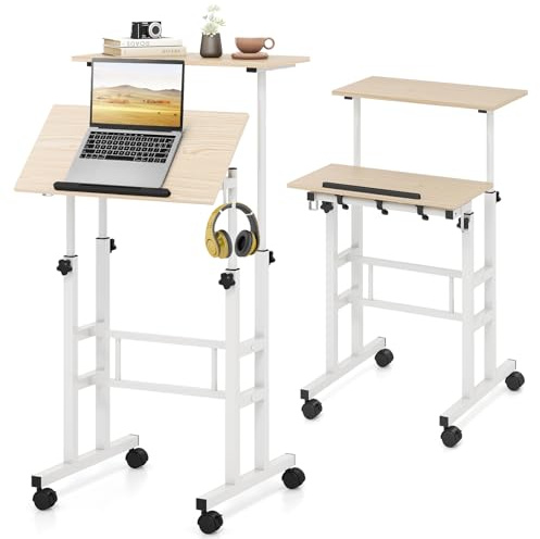 LIFEZEAL Scrivania Sit-Stand con Ruote, Scrivania Mobile per Computer con Ripiani, Tavolo da Studio con Struttura in Acciaio Regolabile in Altezza, per Ufficio, Camera da Letto e Soggiorno (naturale)