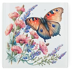 Mini dessous de plat carré en verre pour plan de travail en forme de papillon, motif floral peint papillon, support de poêle, planche à découper, protection de plan de travail avec pieds antidérapants