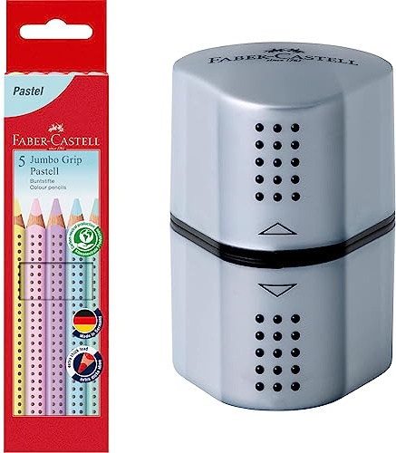 Faber-Castell 110991 - Jumbo Buntstifte Set Grip Pastell, 5-teilig, dreikant, bruchsicher, Buntstifte Kinder & 183800 - Dosenspitzer Grip