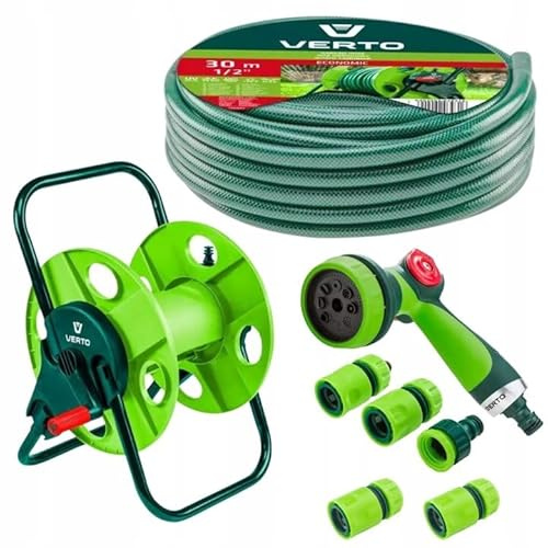 VERTO Enrouleur de tuyau + Tuyau d'arrosage 30 m + Arrosoir + 3 x Connecteur de tuyau, Bouchon d'eau, Connecteur de robinet - Kit complet d'arrosage de jardin Vert