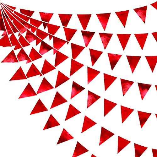 32Ft Rouge Fanion Guirlande Bannière Bruant Décoration de Fête Rouge foncé Tissu Triangle Drapeau guinguette exterieu Banderole pour Anniversaire Bapteme Mariage Saint-Valentin Noël Nouvel an Soiree