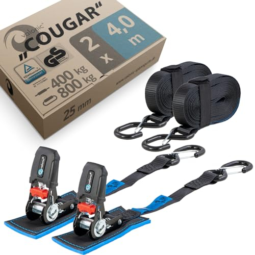 valonic COUGAR, 2x 4m cinghie di tensione con cricchetto e gancio, 25mm, 400/800 Kg, imbottite, certificate TÜV Rheinl. e GS, EN 12195-2 - cinghia di tensione, per moto, portamoto, nero
