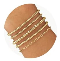 shownee Gold Beaded Bracelet for Women 14K Gold Plated Bracelets Gold Stretch Bead Ball Bracelets Hypoallergenic Stackable Bracelet Set (Small Beads)