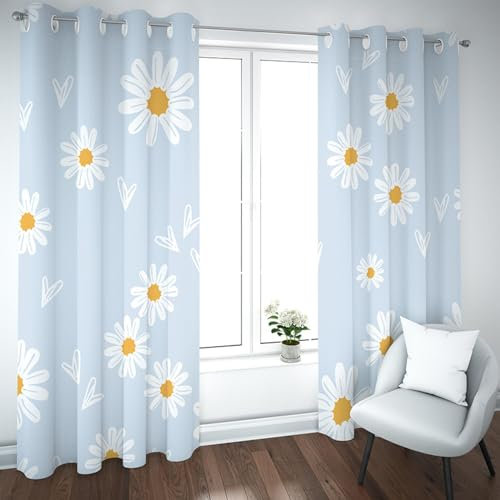 GaNkas Blume Grommet Verdunkelungsvorhänge Karikatur Gänseblümchen drapiert 2 Paneele Lichtblockierende isolierte Thermovorhänge für Jungen Mädchen Kinder Zimmer Blau B107xH213