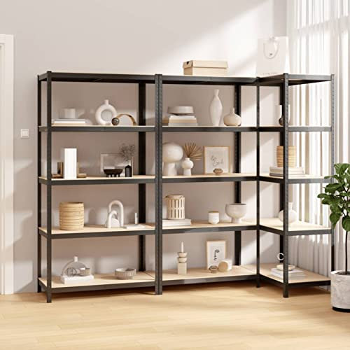 ZEYUAN Regale mit 5 Böden 3 STK Wohnzimmer Regal, Keller Regal, Lagerregal, Haushaltsregal, Aufbewahrung Garage, Standregal, Bücherregal, Anthrazit Stahl & Holzwerkstoff
