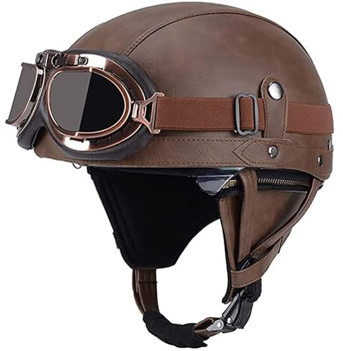 Casco Jet Vintage Omologato ECE,Mezzo Casco Moto Pelle D'epoca Con Occhiali Da Aviatore,Caschi Scooter Caschi Street Cruiser Da Uomo E Da Donna 55-62CM E,S