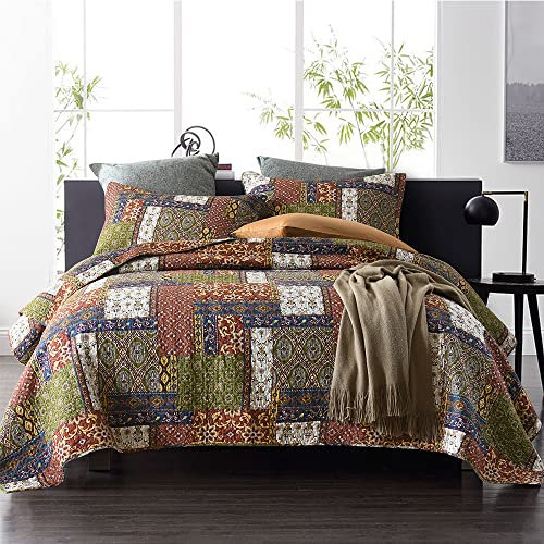 VISIMISI Tagesdecke 220x240cm Baumwolle Bettüberwurf, Bettdecke mit 2 Kissenbezüge,Blumen Böhmen Stil Steppdecke Gesteppte für Doppelbett (Braun Böhmisch,230x250cm)