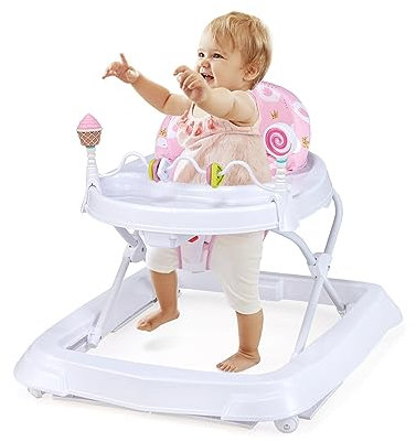 GYMAX Girello Pieghevole per Bambini con 3 Giocattoli, Altezza Regolabile a 3 Livelli, Girello per Bambini con Cuscino Morbido Rimovibile, Adatto a Bambini da 6 a 36 Mesi, Grigio/Rosa (Rosa)