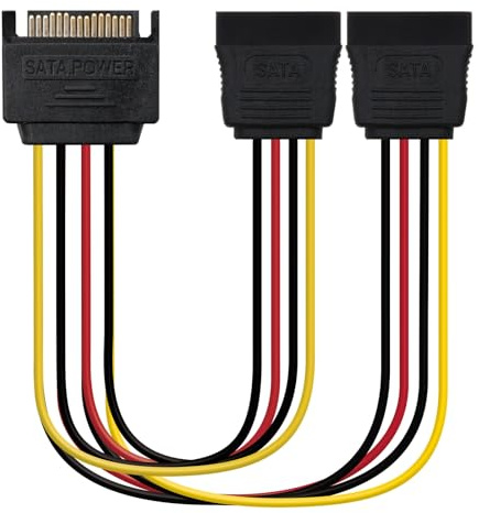 Cavo SATA di alimentazione con connettore SATA maschio a due connettori SATA femmina. Lunghezza di 30 cm, ideale per sistemi che richiedono più connessioni di alimentazione SATA da un'unica uscita.
