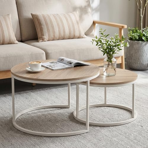 buybyroom Round Coffee Table for Living Room, Round Nest of Tables, Light Oak Coffee Table Set of 2, Suitable for Living Room, Bedroom and Balcony, White Frosted Iron Frame, oak