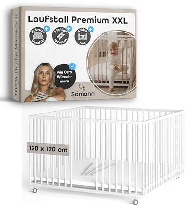 Sämann XXL Baby Laufstall aus Holz I Laufgitter 120x120 cm Weiß I höhenverstellbar I inkl. Cloud Air Matratze, Lattenrost & Schlupfsprossen I Gummierte Rollen & TÜV geprüft