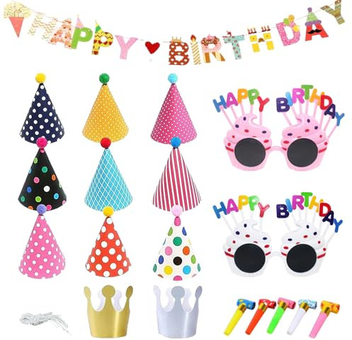 UILYNIU Kit Cappellini Festa Compleanno 19 Pezzi - Striscione di Buon Compleanno, Colorati Fischietti, Cappello Corona, Occhiali da Festa per Celebrazioni