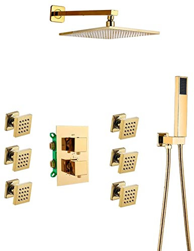 Luxury Thermostatic 3 Way Shower System with 6 Body Jets Rain Shower Head and Handheld Shower Wall Mounted 12 inch