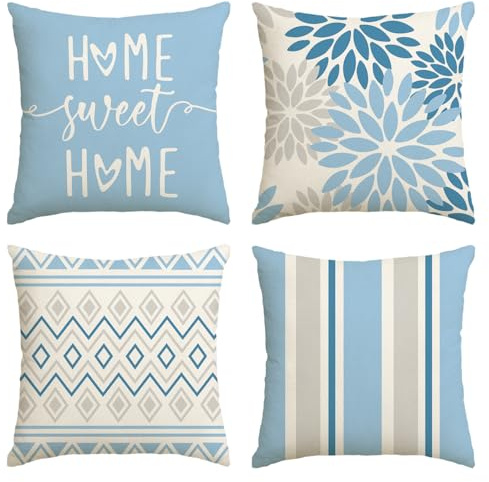 Artoid Mode Lot de 4 housses de coussin décoratives dahlia bleu glace, motif géométrique, printemps, 40 x 40 cm