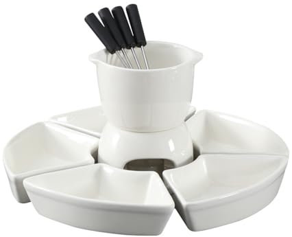 KANLVU Service à Fondue Au Chocolat Céramique Fromage Four De Chauffage Appareil Fondue Chocolat avec Plateau avec 5 Sections, 4 Fourchettes Fondue Chocolat Bougie