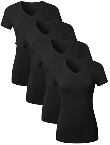 4 Pack Cotton Tee V Neck T Shirts for Women Short Sleeve Tshirt Basic Tees Ladies Plain Vneck Tshirts Casual Womens Tops Undershirt Camisetas para Mujer De Algodon - Black Small