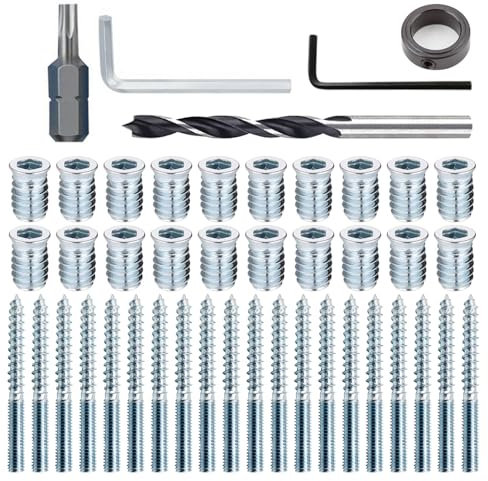 Möbelverbindungsschrauben Set, 20 Stück M6 × 25 Einschraubmutter und Stockschrauben M6, Einschraubhülsen Gewindeeinsatz, mit T15-Torx-Bit, 9-mm-Positionierungsbohrer, für Holzmöbel (Silber)
