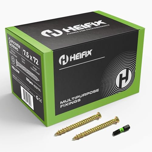 Heifix Carbon Steel Zinc-Plated Concrete Screws (QTY 100, 7.5mm x 72mm) - FREE T30 Torx Bit Included - Flat Countersunk Head with Locking Ribs, Deep High/Low Thread for Maximum Hold