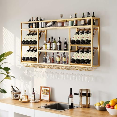 Wand Weinregal Aus Metall Für Flaschen, Flaschenregal Industrial Mit Weingläserhalter, Weinregale Eisen Mit Glashalter, Flaschenhalter，Aufbewahrungsregal，Für Zuhause Küche Restaurant Bar(Gold,100*25*7