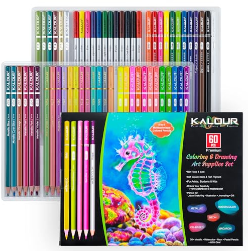 Kalour Lot de 60 crayons de couleur, y compris crayons à base d'huile, métalliques, aquarelle, néon, macaron, pastel. Idéal pour le dessin, la peinture et le bricolage, cadeau pour adultes, enfants