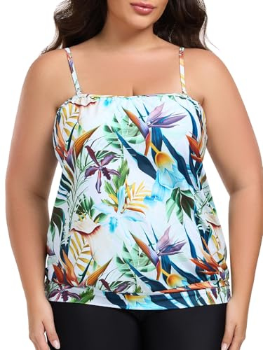 Ocean Blues Tankini bandeau grande taille pour femme - Maillot de bain ample sans bas, Imprimé feuille., 3XL Grande taille