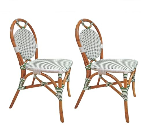 Meubletmoi Lot de 2 chaises bistrot en rotin Naturel Assise et Dossier Damier Vert Blanc synthétique tressé - rétro Vintage Parisien et Artisanal - Pigalle