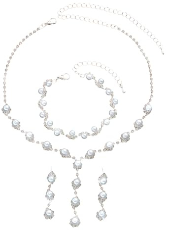 XFSRG Parure Bijoux Femme Élégante Perles et Strass Collier Bracelet et Boucles d'Oreilles Ensemble Bijoux Fantaisie pour Mariage et Soirées (Perle)