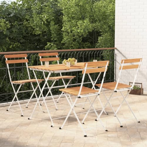 Qnhdfrt Bistro Set Klappbar aus Massivholz Akazie und Stahl 100 x 54 x 71 cm mit 4 Stühlen für Garten Balkon Terrasse Robustes und Langlebiges Outdoor Möbelset