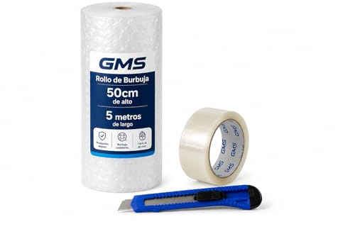 GMS - Rollo Burbuja 50cm x 5m + Cutter + Precinto - Rollo Burbuja Mudanza - Rollo Burbuja Embalaje - Burbuja Mudanza, Envio y Embalaje - Papel Burbuja (50cm x 5m+Cutter+Precinto)