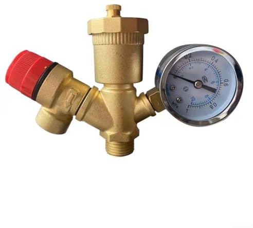 GLFLOW Brass Valve with Pressure Gauge, DN25 Brass Boiler Safety Group Valve With Pressure Gauge, 6 Bar Relief And Quick Vent For Heating Systems, Yellow(G1/2)