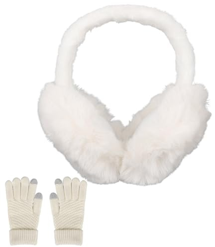 Mikovivi Ear Muffs Gloves for Women, Winter Foldable Cream Earmuffs Plush Fluffy Warm Fur Ear Warmers Cover for Women Outdoor Winter Cold Weather Accessories Supplies (White)