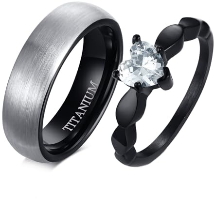 Ehe Verlobungsringe Edelstahl, 6MM Vorsteckring Ehering Silber Schwarz Herz Personalisiert mit Zirkonia Paarpreis Verlobungsring mit Gravur für Sie und Ihn Größe Damen 60 (19.1) & Herren 57 (18.1)