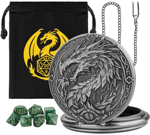 Mini Set di Dadi DND, 7 pezzi in Acrilico Poliedrico D&D, con Steampunk Drago Grande Cassa Orologio da Tasca, Sacchetto Regalo DND con Logo Drago, Accessorio per Gioco di Ruolo, Argento Scuro + Verde