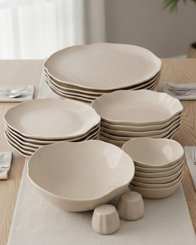 Keramik Geschirrset 27-teilig für 6 Personen – BAVARY Cermico – Beige Tafelservice mit Wellenrand im Scandi-Look, Tellern & Schalen – spülmaschinenfest & mikrowellengeeignet