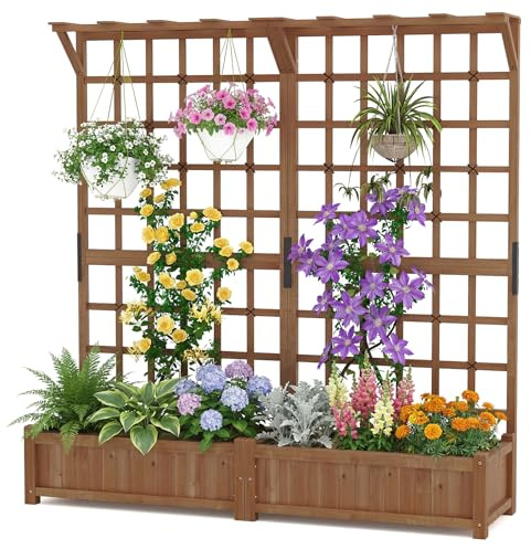 HOMASIS 2 Stück Blumenkasten mit Rankgitter & Dachregal, Pflanzkasten mit Spalier, 180 cm Pflanzkübel Hochbeet aus Holz, Rankhilfe für Kletterpflanz, Pflanzgefäß für Garten Balkon Terrasse (Braun)
