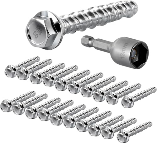 Flomiara Lot de 20 vis à béton sans chevilles - M6 x 60 mm - Vis à béton à tête hexagonale - Vis à disque avec vis à béton galvanisées avec vis de connexion hexagonales - Maçonnerie - Béton, mur de