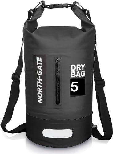NORTH-GATE Waterproof Dry Bag 5L 10L 20L 30L | Lightweight Large Capacity Sack with Phone Pouch | Organizer Storage Bags Long Adjustable Strap Canoe/Fishing/Rafting/Swimming/Snowboarding (5L, Black)
