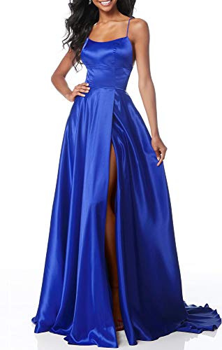 Lecureler Long Satin Spaghetti Strap Prom Dress