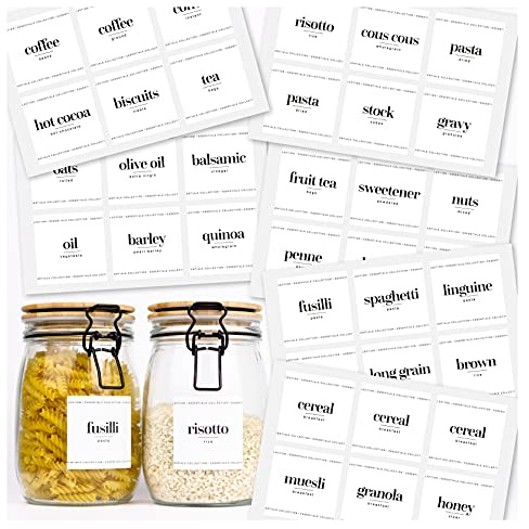 36 etiquetas para tarros de alimentos básicos: etiquetas adhesivas impresas de color blanco para el almacenamiento de los alimentos en la cocina y la despensa